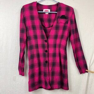 Vintage 90s Plaid Longline Blazer Womens S Deep V Crinkle Gauze Funky 80s Pink